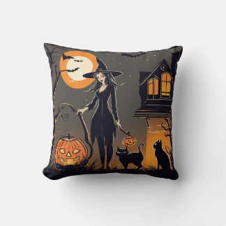 Coussin Chats noirs sorcière d'Halloween hanté chauve-sour