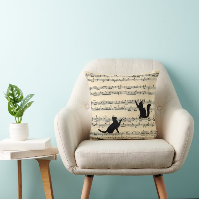 Coussin Chats noirs sur feuille de musique (Chaise)