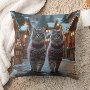 Coussin Chats sibériens Noël Neige Vacances 