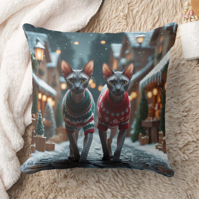 Coussin Chats Sphynx Noël Neige Fêtes (Couverture)
