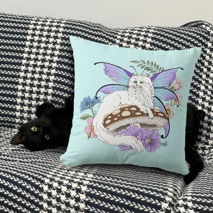 Coussin Chatte Fée Blanche Fantastique Champignon Bleu Cap