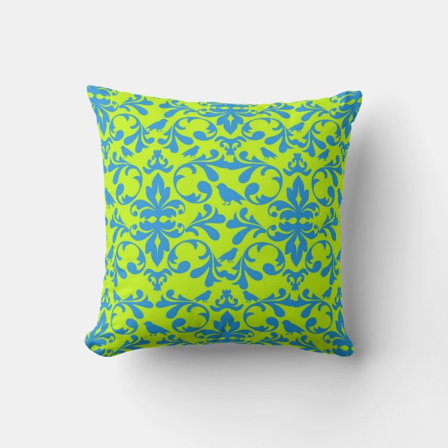 Coussin chaux funky vert brillant bleu oiseau damask motif (Recto)