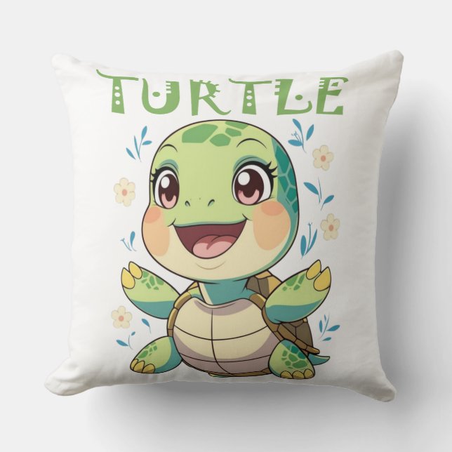 Coussin Cheerful Sea Turtle Character with Pastel Flowers (Recto)