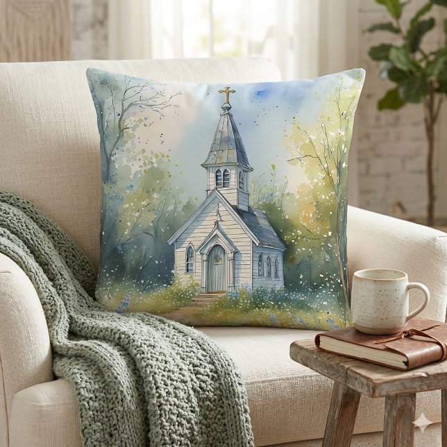 Coussin Chemin rustique d'église dans une prairie de fleur (Rustic Church Path in Wildflower Meadow Throw Pillow Mockup A)