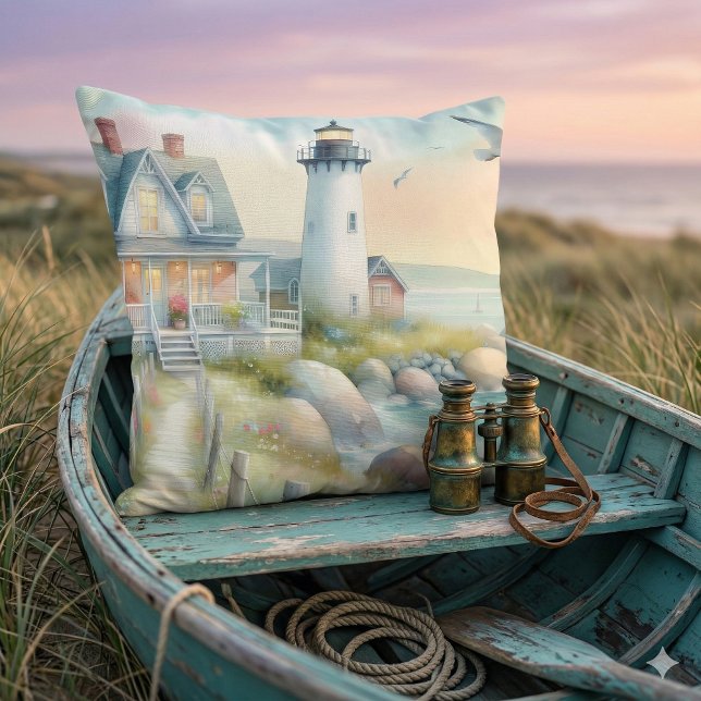 Coussin Chemin vers le Cottage Littoral au Phare (Pathway to the Lighthouse Coastal Cottage Throw Pillow Mockup A)
