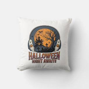 Coussin Chemise fantôme lune gravée scène Halloween vintag