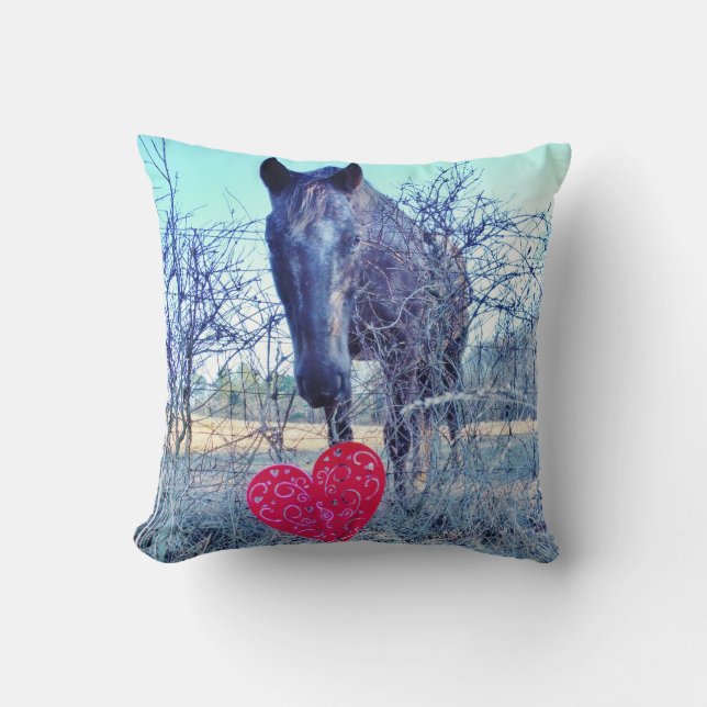 Coussin Cheval bleu Brown teinté Coeur rouge (Recto)