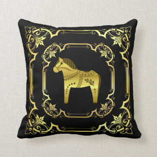 Coussin Cheval de Dala folk noir/or, design doré/noir