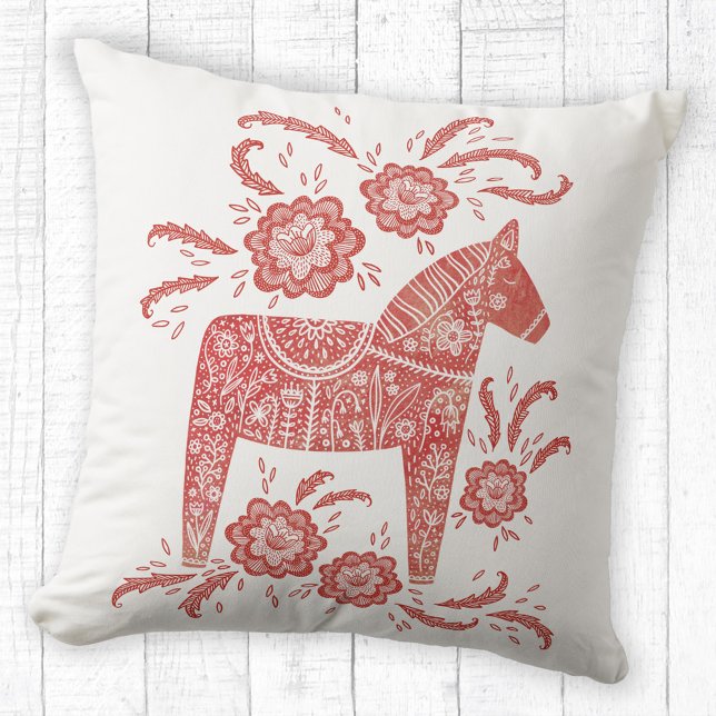 Coussin Cheval de Dala suédois Rouge et blanc (Red and white Swedish Dala Horse pillow)