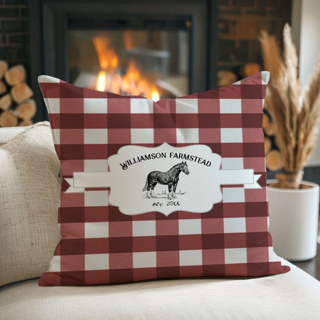 Coussin Cheval de ferme de Red Buffalo Plaid (Red Buffalo Plaid Farm Horse Throw Pillow)