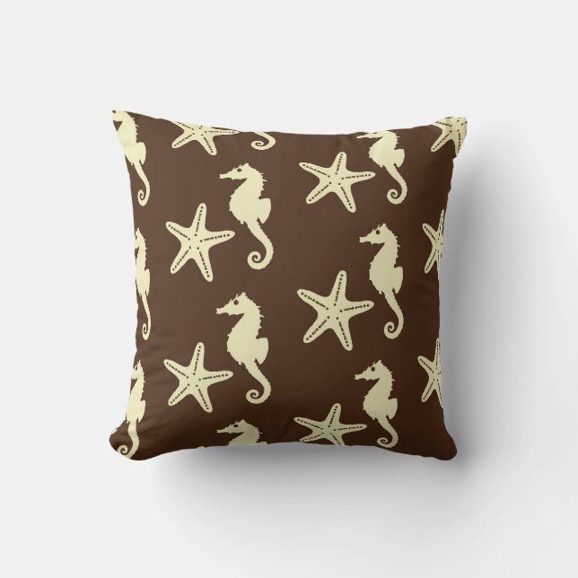 Coussin Cheval de mer et poisson d'eau - brun foncé et bei (Recto)