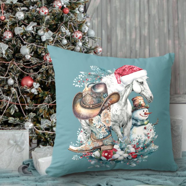 Coussin Cheval de Noël en Chat de Noël cowgirl cowboy bott (Christmas horse in Santa hat cowgirl cowboy boots Throw Pillow)