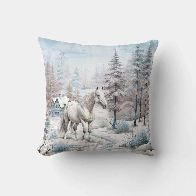 Coussin Cheval hiver scène neige forêt Noël (Recto)