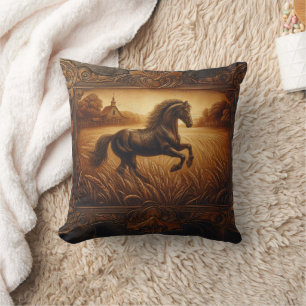 Coussin Cheval Majestueux Traversant Des Champs D'Or