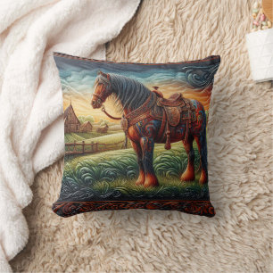 Coussin Cheval vibrant dans la scène de ferme colorée