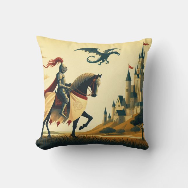 Coussin Chevalier médiéval/dragon/château fantastique (Recto)