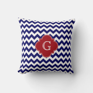 Coussin Chevron Blanc Marine Monogramme Quatrefoil Rouge C