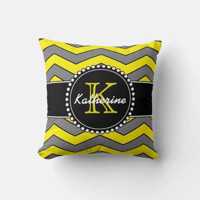 Coussin Chevron jaune et gris, personnalisé, décoré d'un (Recto)