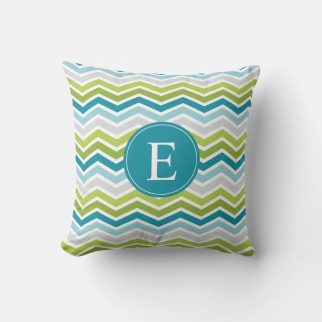 Coussin Chevron Monogramme Vert Bleu (Recto)