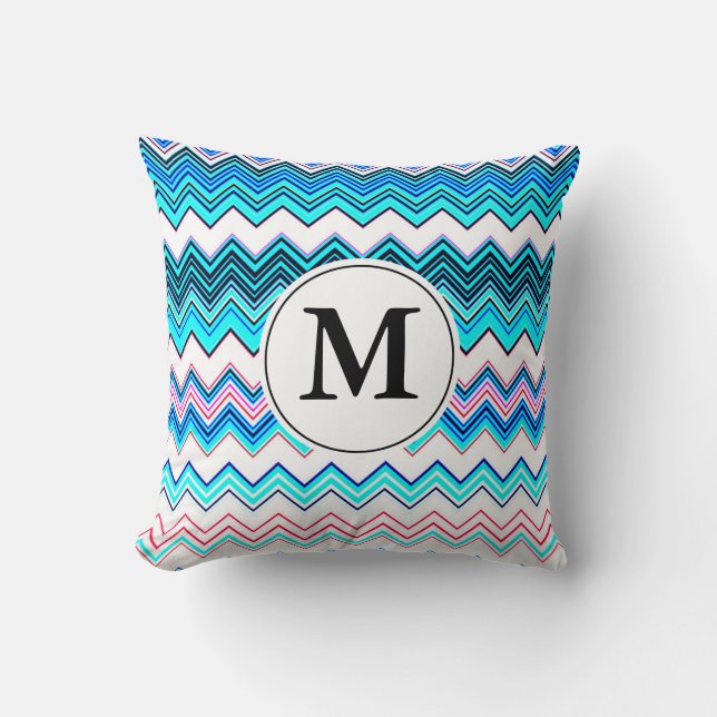 Coussin Chevron Turquoise et Rose avec Monogramme personna (Recto)