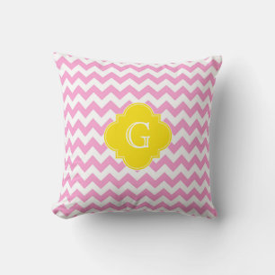 Coussin Chevron Zigzag Rose Blanc Monogramme Quatrefeuille