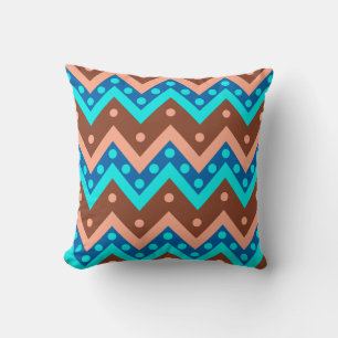 Coussin Chevrons et points - turquoise, brun et corail