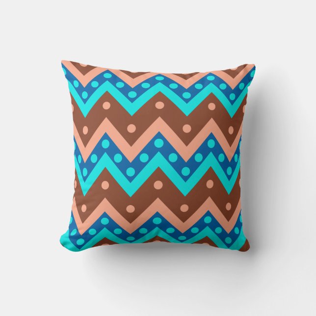 Coussin Chevrons et points - turquoise, brun et corail (Recto)
