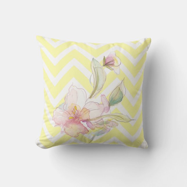 Coussin Chèvrons jaune citron Aquarelle Florale (Recto)