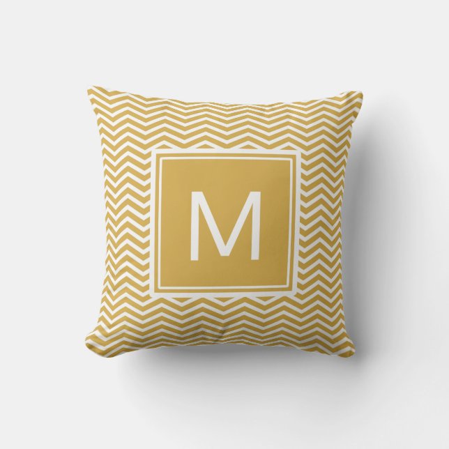 Coussin Chevrons jaunes de moutarde épicée et Monogramme m (Recto)