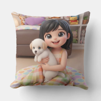 Coussin Chibi Girl Hugging White Puppy Dog Throw Pillow