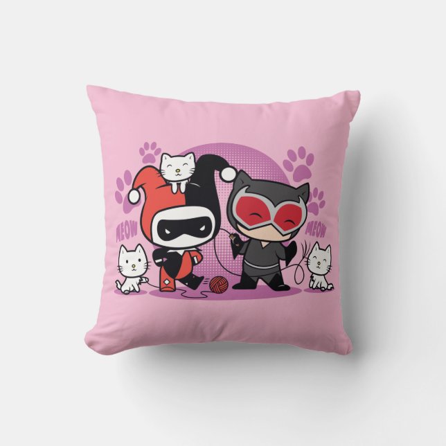 Coussin Chibi Harley Quinn & Chibi Catwoman Avec Chats (Recto)
