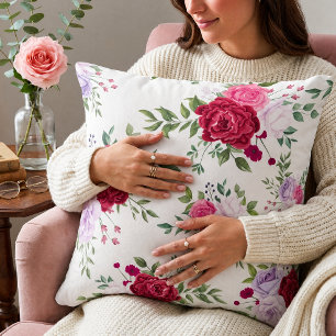 Coussin Chic Aquarelle Rose Rose Bourgogne Floral Romantiq
