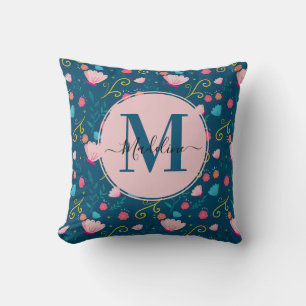 Coussin Chic Bleu Nuit Rose Papillon Fleur Monogramme