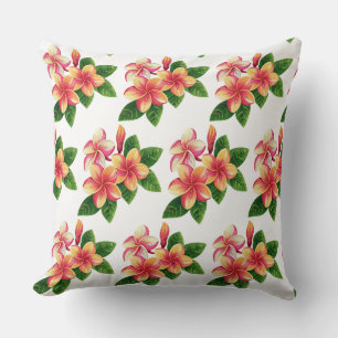 Coussin Chic Boho Fleurs Tropicales Roses sur Fond Blanc