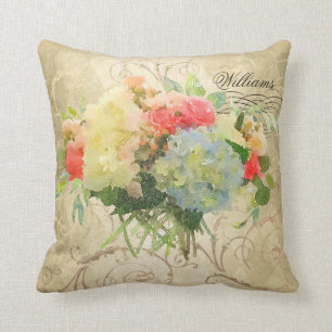 Coussin Chic Coral Rose Blue Hydrangea sur le nom d'or bri