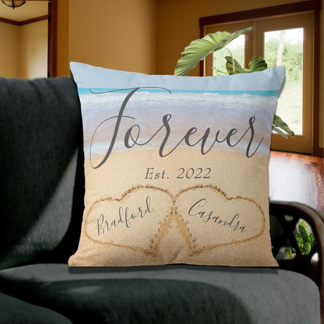 Coussin Chic Dusty Blue Beach Couples Coeur Sable (Créateur téléchargé)