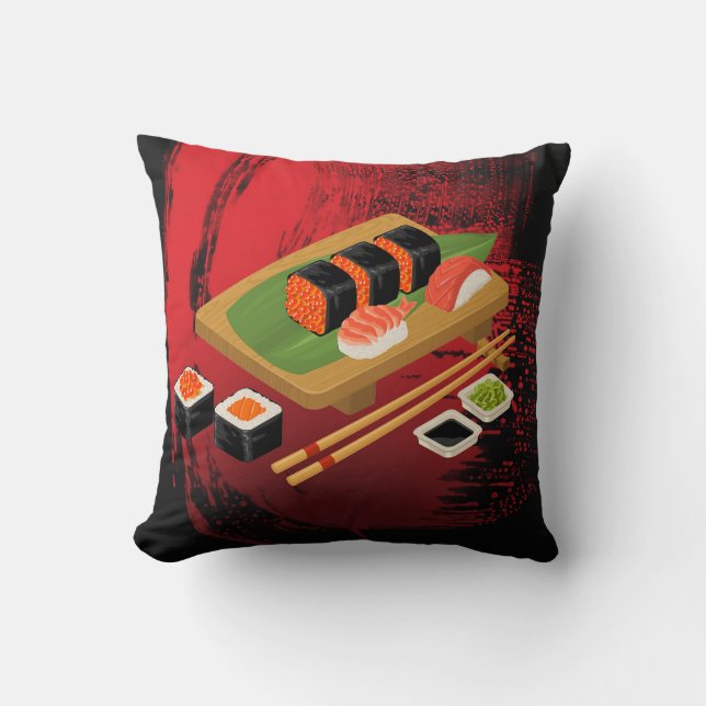 Coussin Chic Élégant Moderne Sushi Noir & Rouge (Recto)