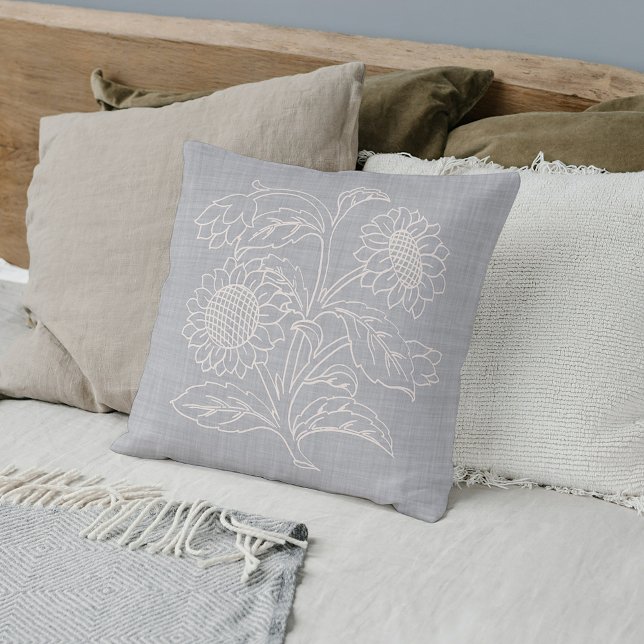 Coussin Chic Fleurs De Soleil Botanique En Ivoire Sur Grey (Créateur téléchargé)