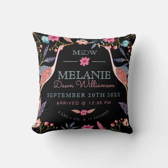 Coussin Chic Floral Botanique cigogne Oiseaux Bébé Statist (Recto)