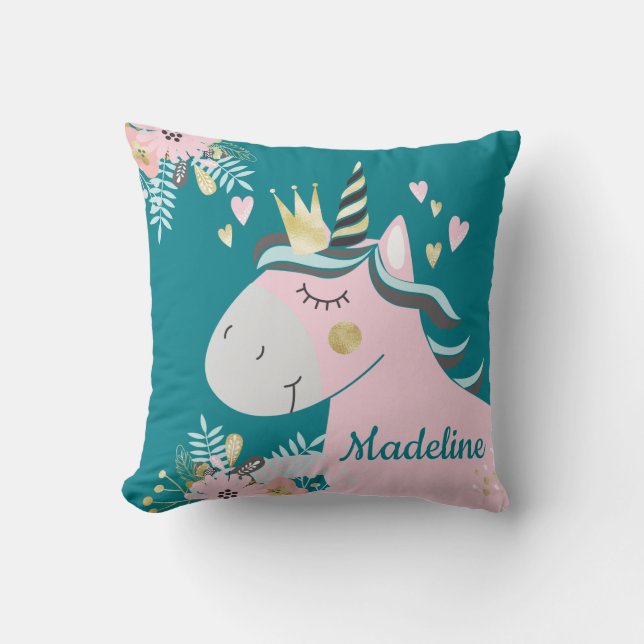Coussin Chic Floral Magical Unicorn Girl's personnalisée (Recto)