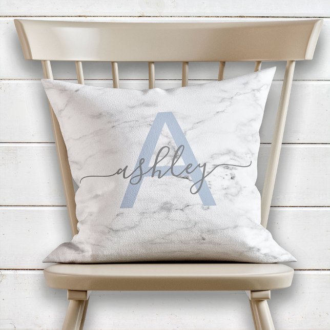 Coussin Chic Français Blue & Grey Marble Nom Monogramme (Créateur téléchargé)