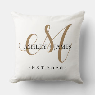 Coussin Chic Gold M Monogramme Nom du script Mariage Date
