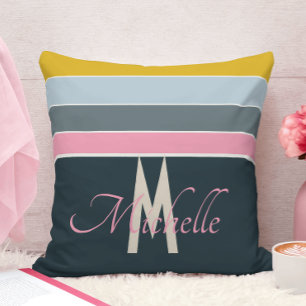 Coussin Chic Monogrammé Rose & Bleu Marine Turquoise Rayé