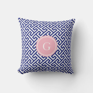 Coussin Chic motif géométrique abstrait bleu marine monogr