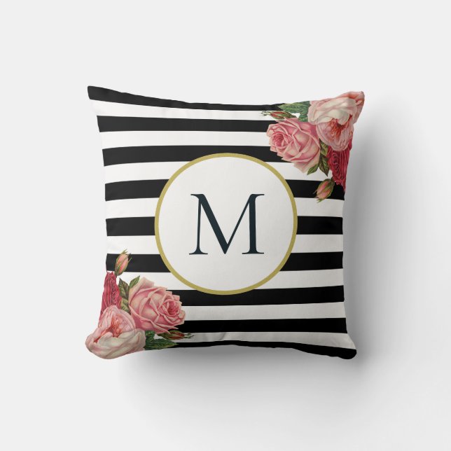 Coussin Chic noir blanc rayé Retro Floral Monogramme (Recto)
