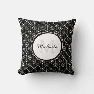 Coussin Chic Noir et Blanc Nom Monogramme Points Coeur