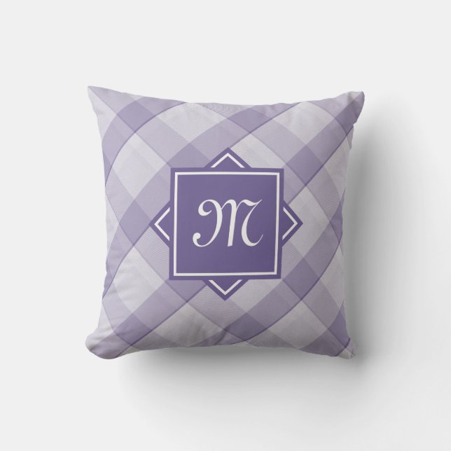 Coussin Chic Plaid Violet Avec Monogramme Diagonal Moderne (Recto)