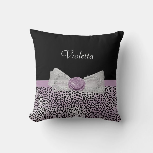 Coussin Chic Purple Cheetah Imprimer mignon Rose Bow et no (Recto)