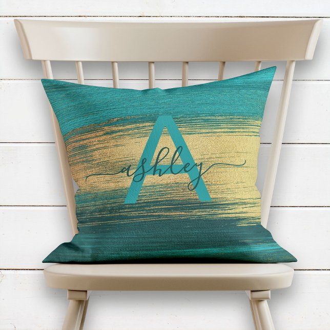 Coussin Chic Turquoise & Rose Gold Foil Nom Monogramme (Créateur téléchargé)