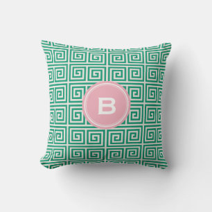 Coussin Chic vert grec clé motif géométrique monogramme